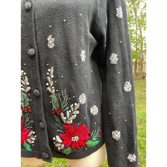 Christmas Black Holiday Cardigan Sweater Size Medium Victoria Jones - Picture 2 of 9